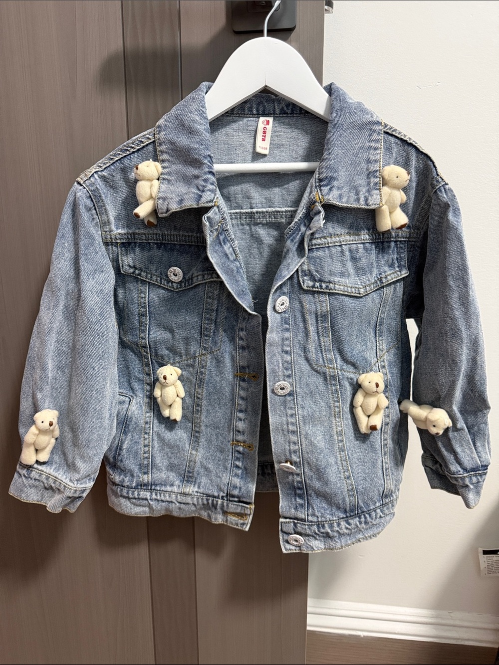 Light Blue Kids Denim Jacket with Cream Teddy Bear Accents